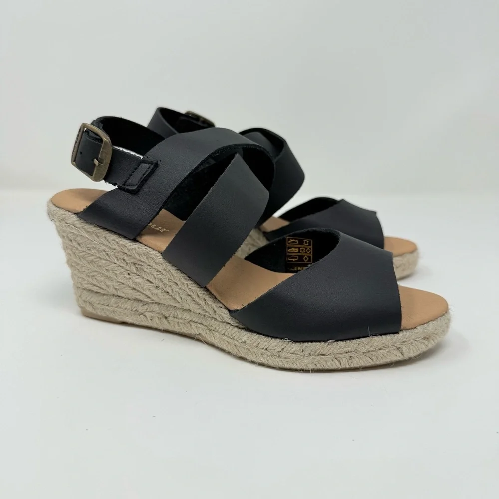 New Barbour Yolanda Leather Espadrille Wedge Sandals Black Women's Sz 36 / US 5